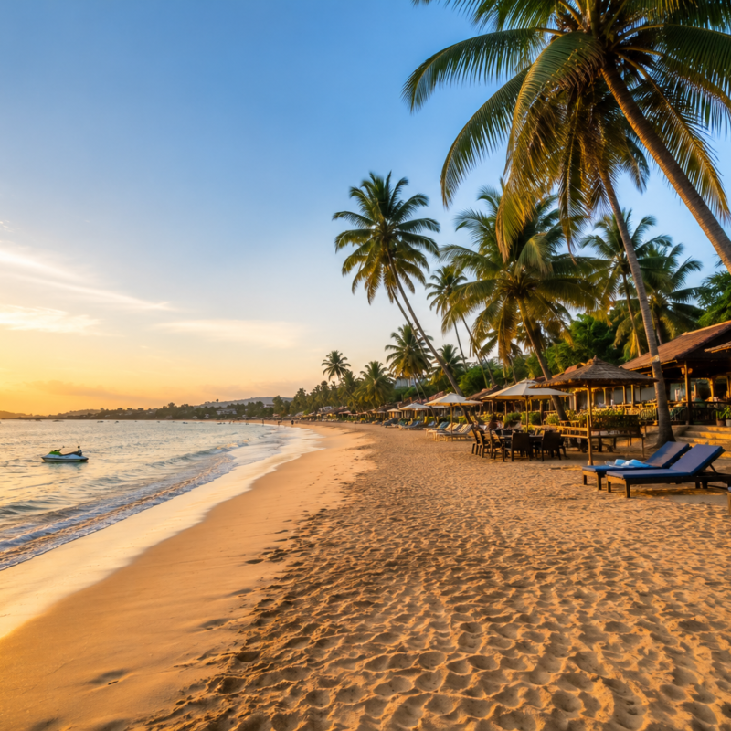 Candolim Beach in Goa with golden sunset, palm trees, beachside resorts and calm Arabian Sea waves.